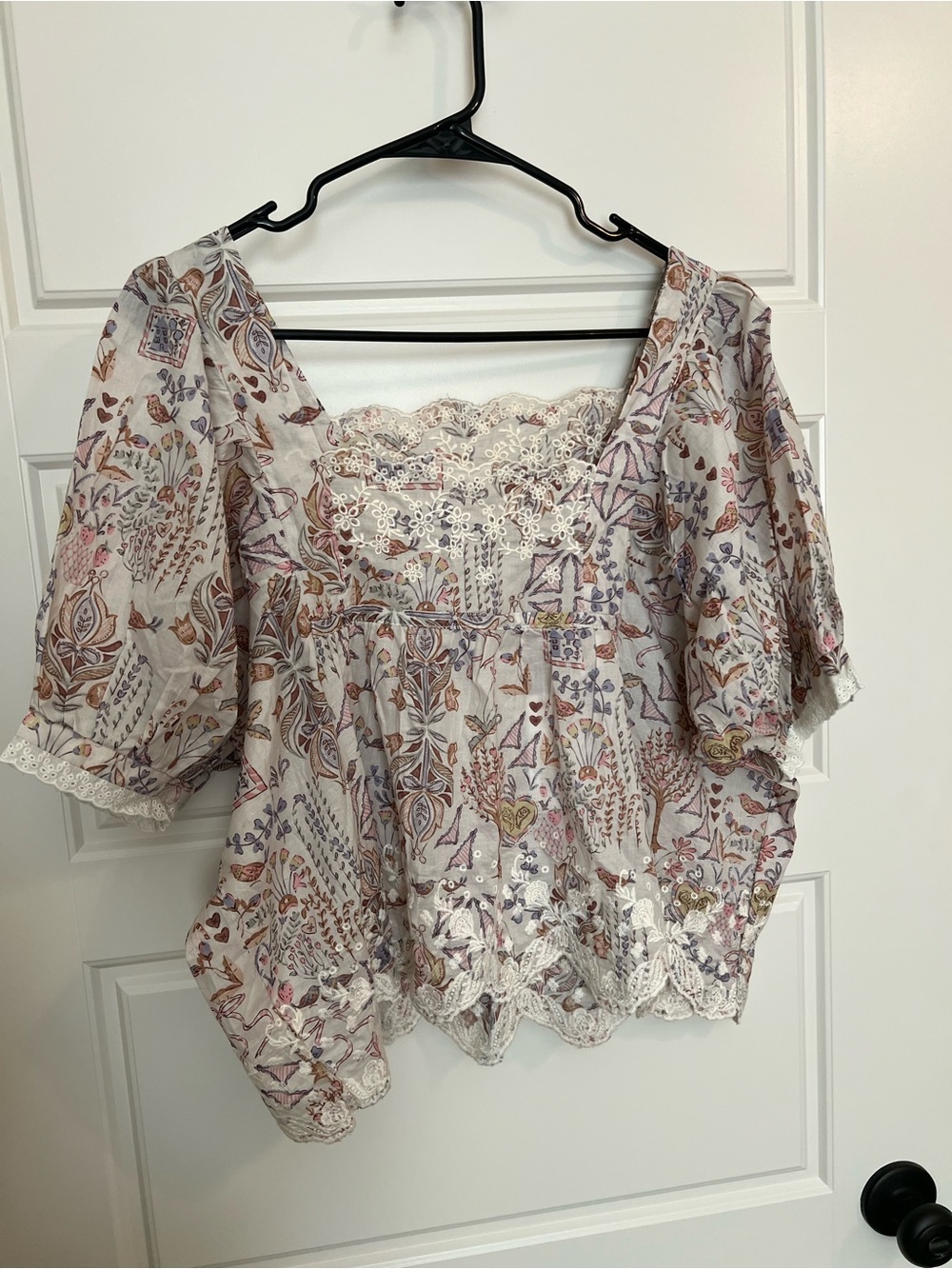 Boho Lace Trim Floral Peasant Top - Cream with Pastel Print